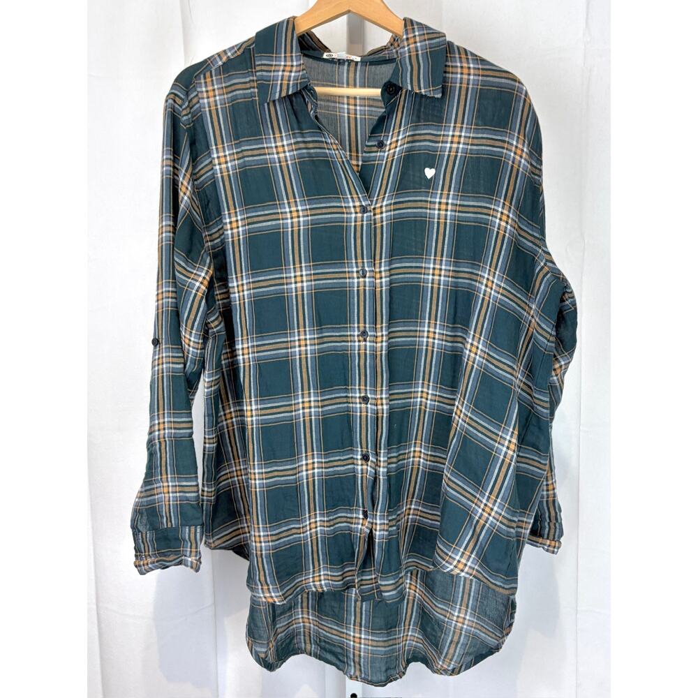 SUNDRY Evereve Heart Plaid Tunic Shirt Button Up Long Sleeve Hi Low Green 1 S - Picture 9 of 9